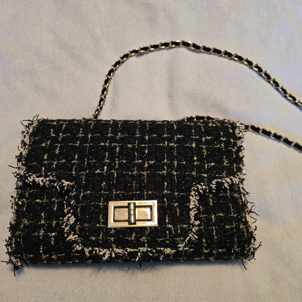 Anthropologie Cristina Sabatini Black White Gold Tweed Brielle Bag Clutch GUC.